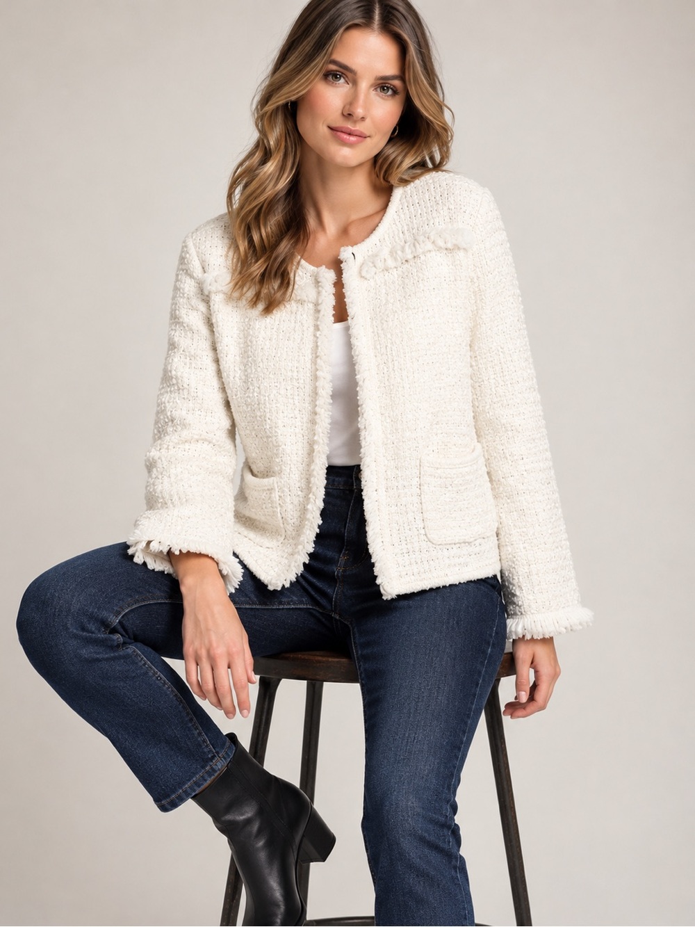 Ann Taylor Ivory Bouclé Fringe-Trim Jacket
